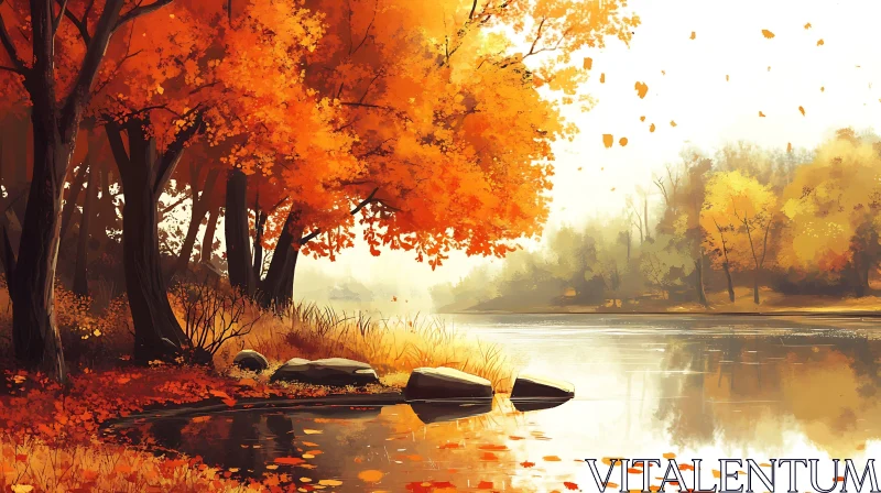 Tranquil Fall Lake with Orange Leaves AI Image