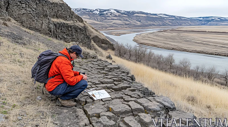 Adventurer Studying Map in River Valley AI Image