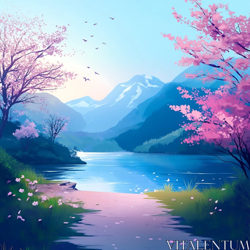 Charming Nature Scene with Cherry Blossoms and Mountains AI Image