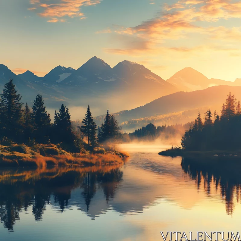 Tranquil Mountainous Dawn by the Riverside AI Image