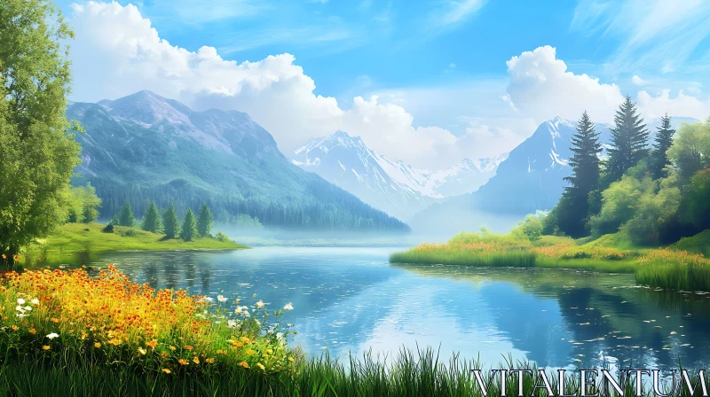 Serene Lake with Mountain View and Blooming Flowers AI Image