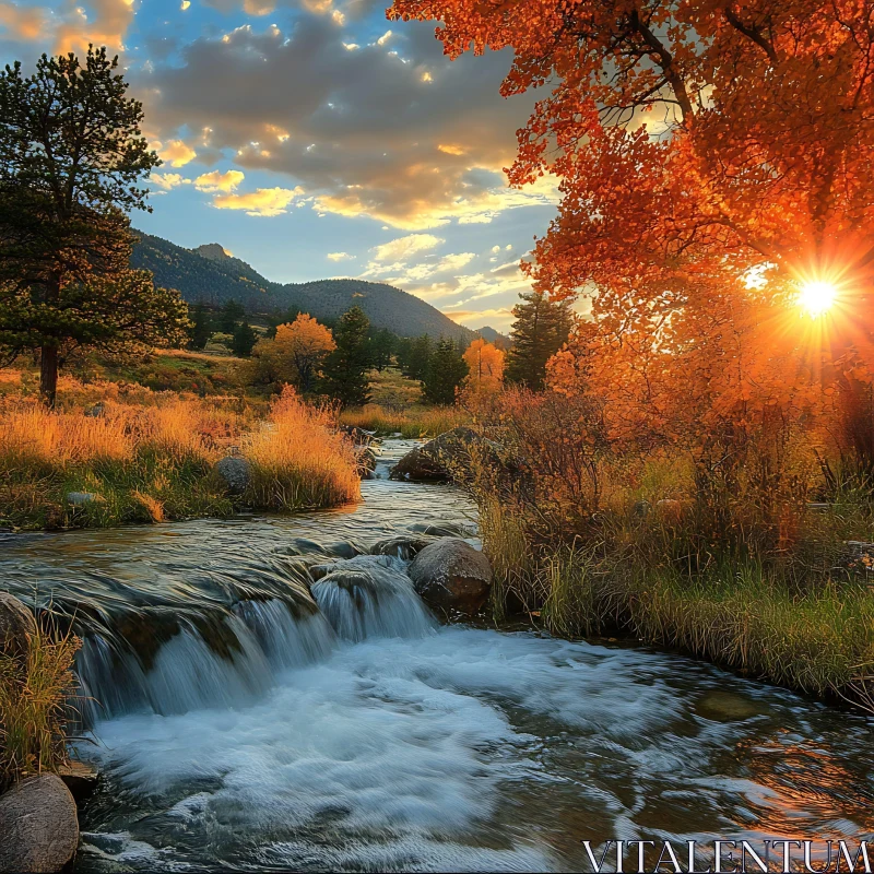 AI ART Idyllic Fall Landscape with Flowing River at Sunset