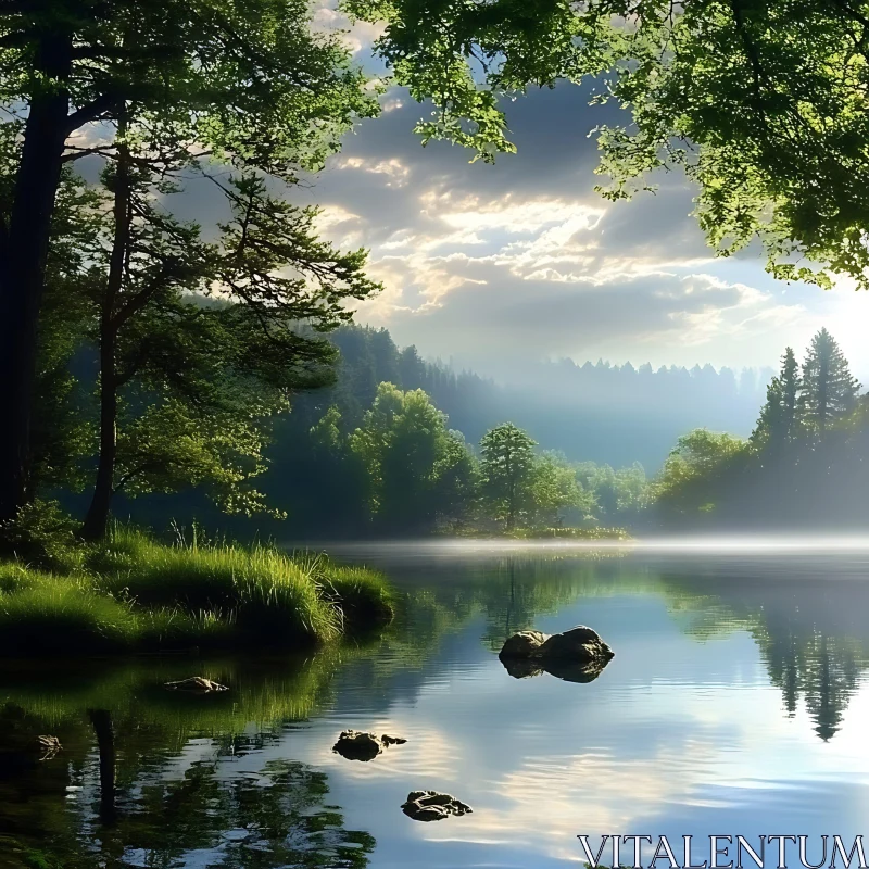 Tranquil Forest Scene with Lake Reflection AI Image