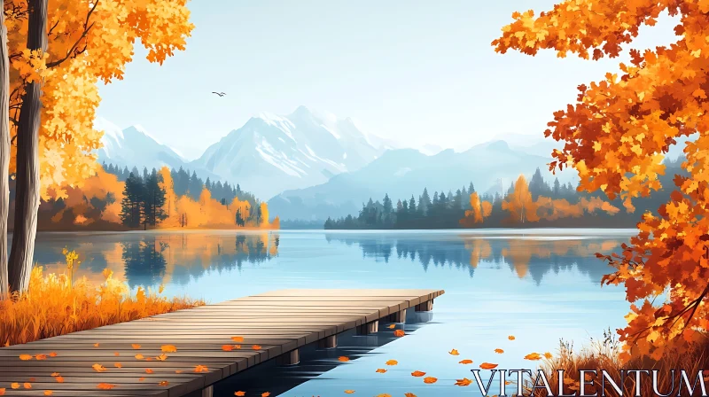 Peaceful Fall Lake Scene with Scenic Mountains AI Image