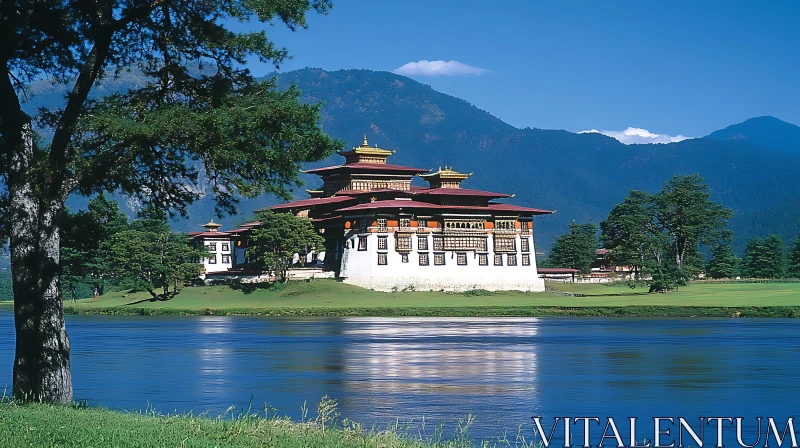 Lakeside Temple with Scenic Mountain View AI Image