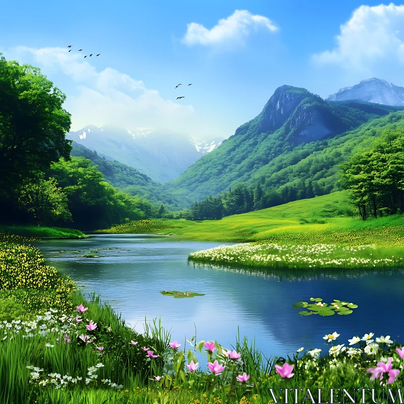 Peaceful Green Valley with River and Blossoms AI Image