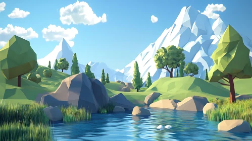 Digital Low-Poly Landscape with River and Mountains