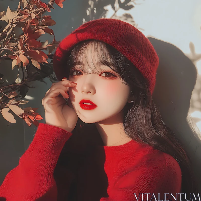 Autumn Fashion Portrait of Woman in Red AI Image