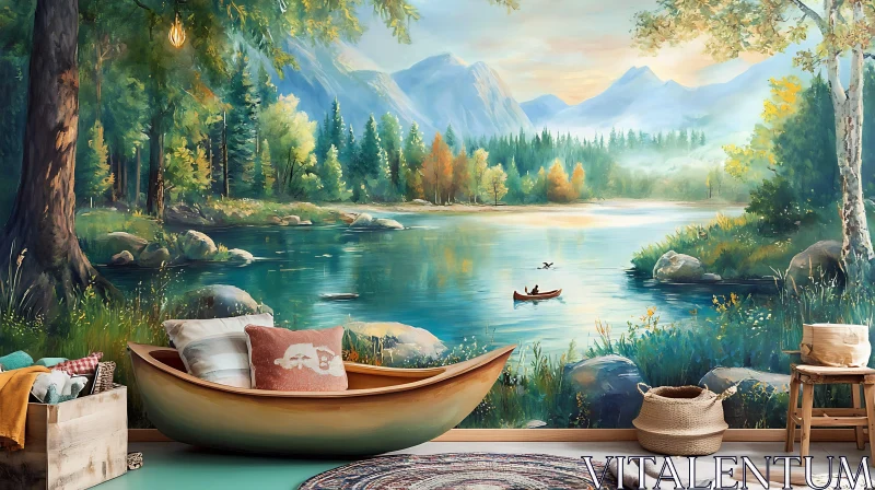 AI ART Peaceful Canoe Ride on a Mountain Lake