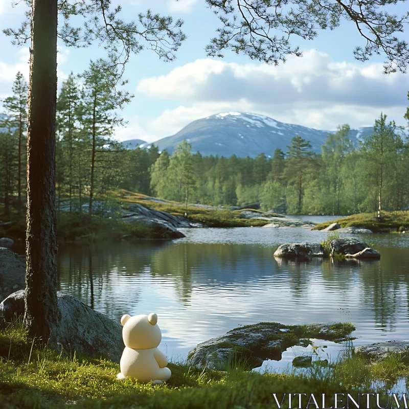 AI ART Plush Toy Bear by Tranquil Lake in Forest