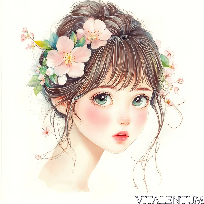 Anime Girl with Flower Adorned Hair AI Image