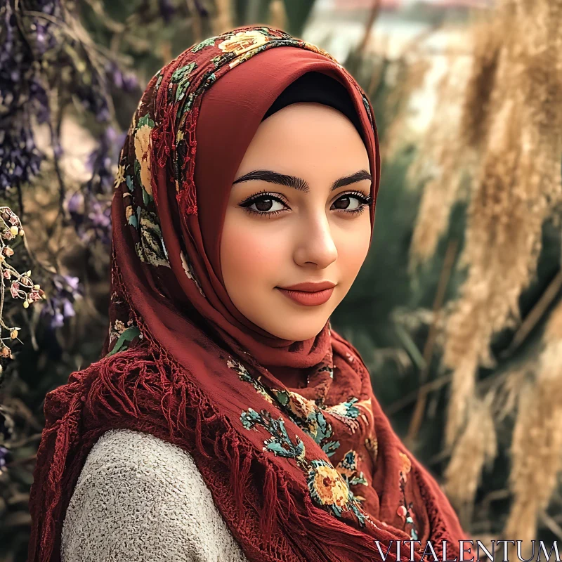 Graceful Woman with Maroon Scarf in Natural Setting AI Image