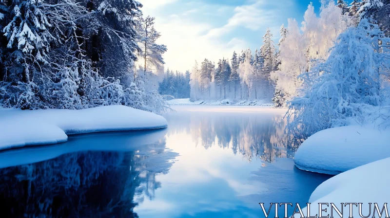 Idyllic Winter Scenery with Frozen River and Snowy Trees AI Image