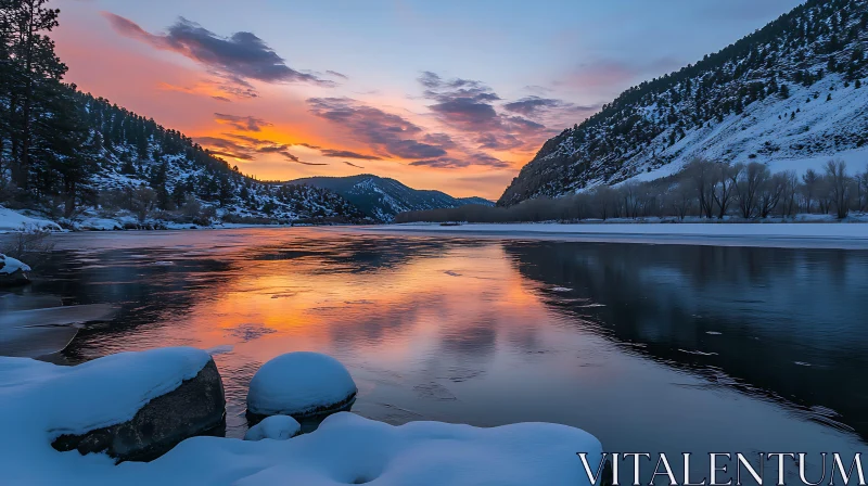 Sunset Reflections on a Winter Lake AI Image