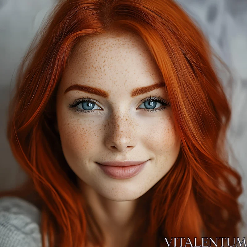 Woman's Portrait with Blue Eyes and Red Hair AI Image