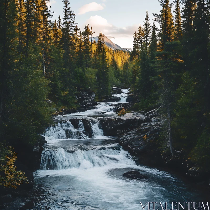 Cascading Waterfall in a Forest Landscape AI Image