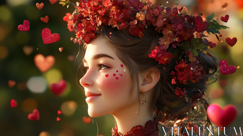 Whimsical Woman in Floral Adornment and Hearts AI Image