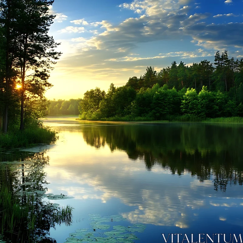 Golden Sunset Reflection on a Tranquil Lake AI Image