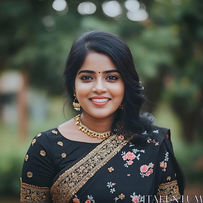 Traditional Woman Portrait with Gold Jewelry and Black Saree AI Image