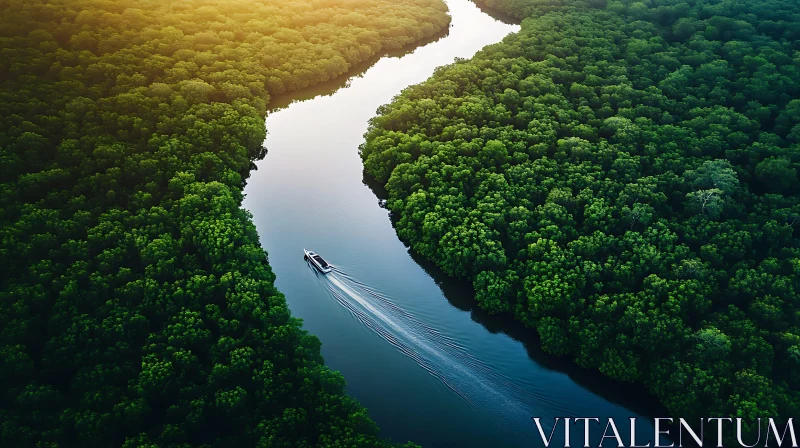 Aerial Image of River with Boat and Forest AI Image