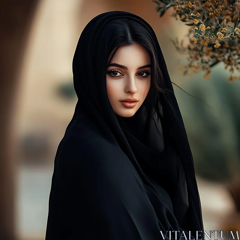 Intense Portrait of Woman in Black Veil AI Image