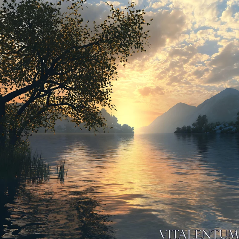 Tranquil Sunset at a Mountain Lake AI Image