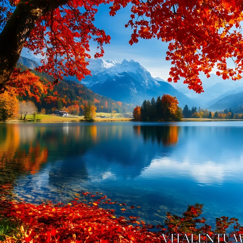 Calm Lake Amidst Autumn Colors and Mountain Views AI Image