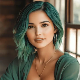 Woman with Teal-Green Hair in a Serene Indoor Setting