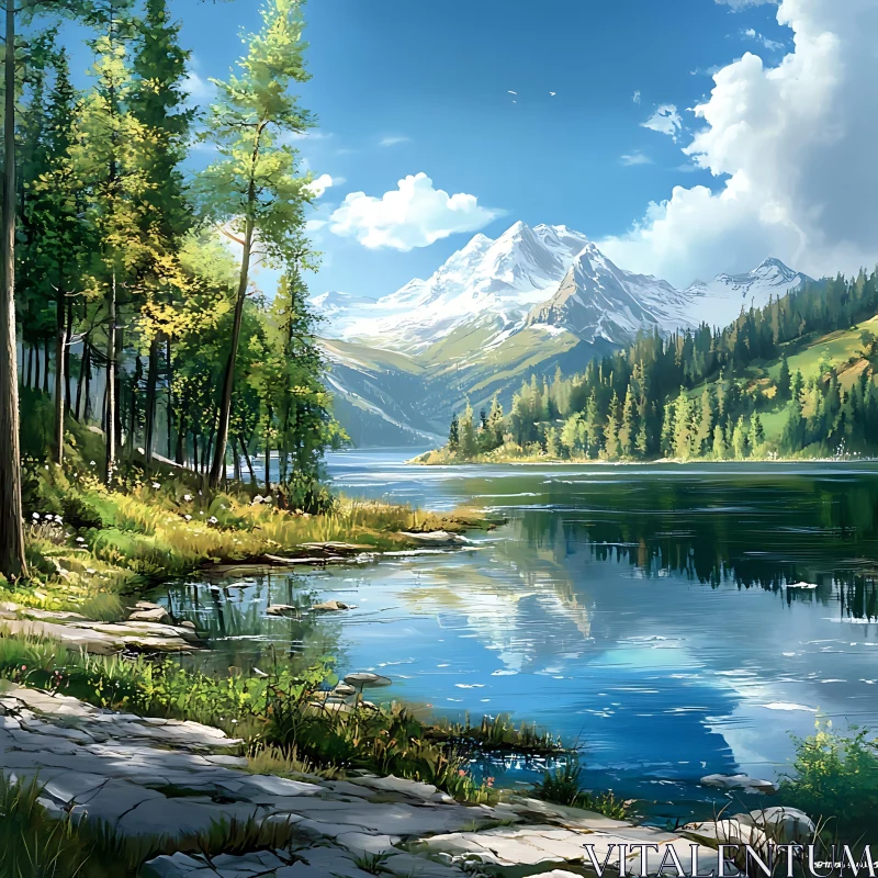 AI ART Peaceful Lake Surrounded by Pine Trees and Mountains