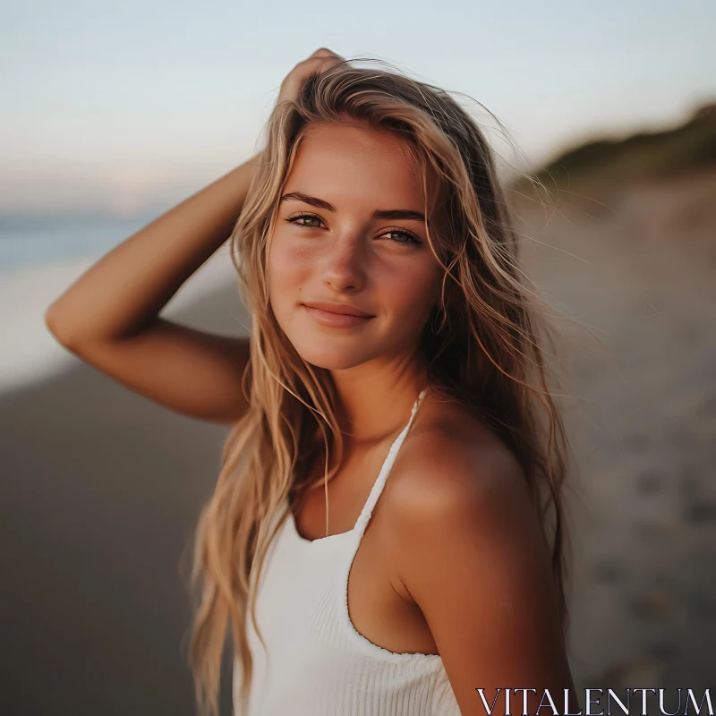 Serene Sunset Beach Portrait of a Blonde Woman AI Image