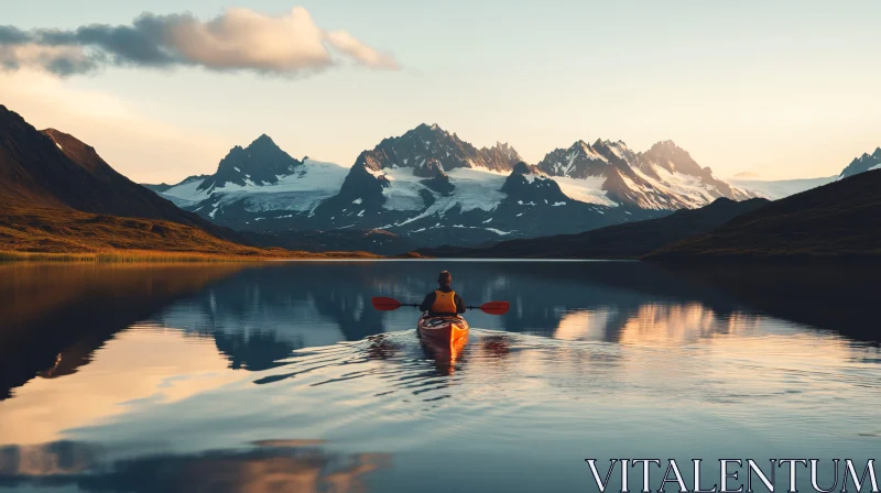 Peaceful Paddle Amidst Snow-Capped Peaks at Dusk AI Image