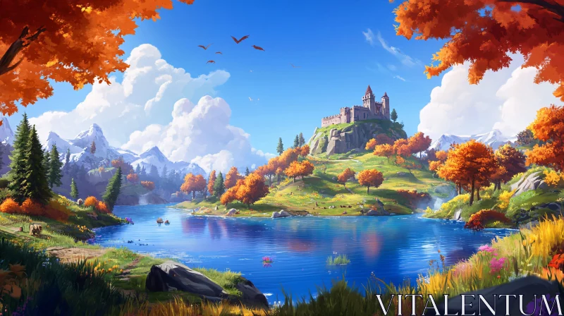 Picturesque Autumn Castle by the Lake AI Image