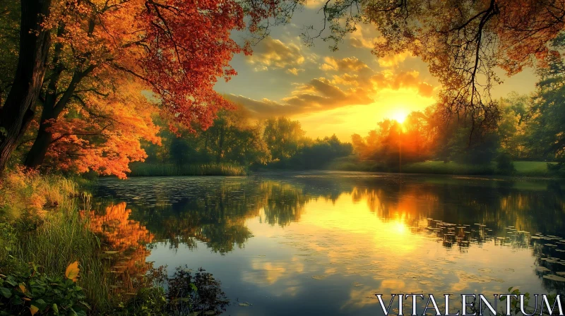 AI ART Golden Hour by the Autumn Lake