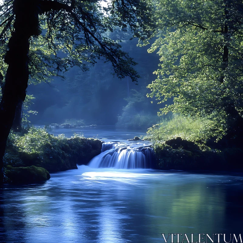 Peaceful Nature Scene with Waterfall AI Image