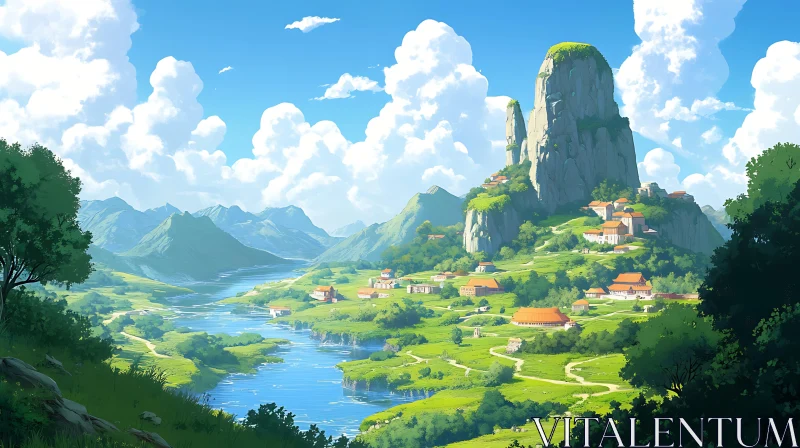 AI ART Scenic Village and Mountain Landscape