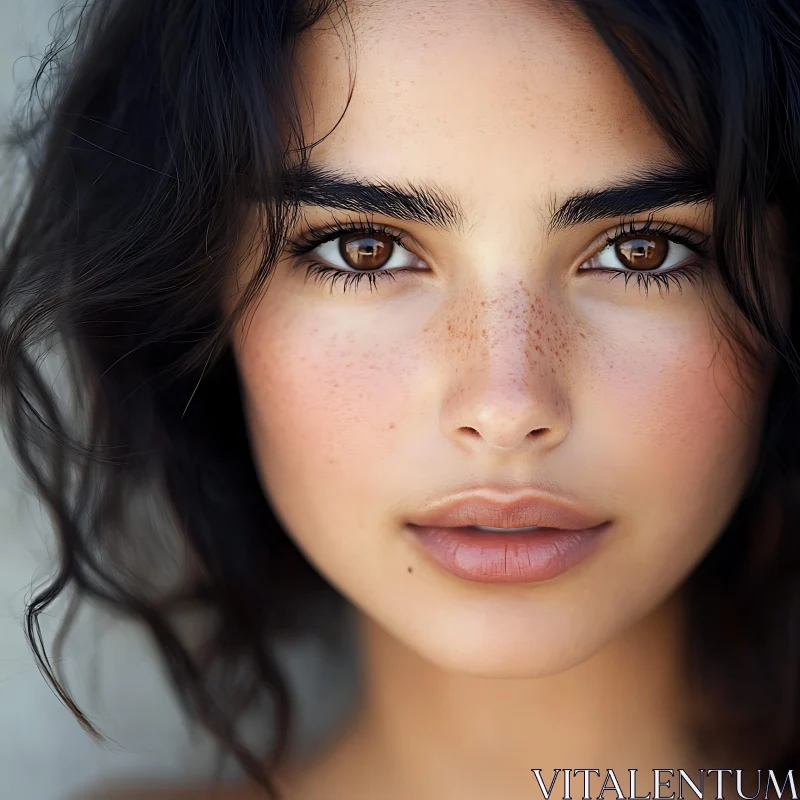 Serene Woman with Freckled Face and Brown Eyes AI Image