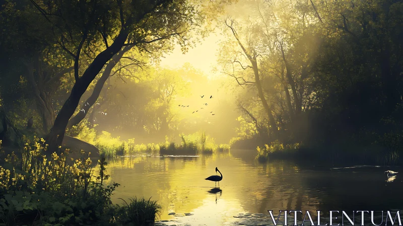 Golden Sunlight Over Tranquil Lake AI Image