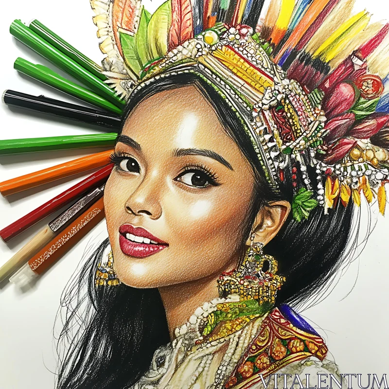 Vibrant Portrait of Woman with Beaded and Feathered Headdress AI Image