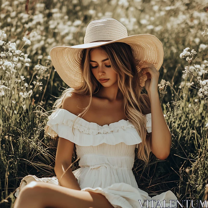 AI ART Woman in White Dress and Straw Hat in Nature