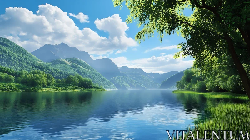 Idyllic Lake Views with Greenery and Mountains AI Image