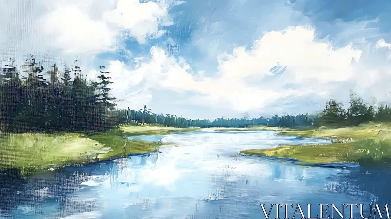 AI ART Tranquil Lakeside Scene with Forest and Clouds