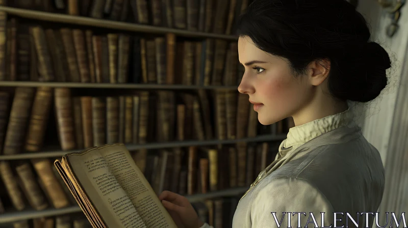 Woman in Vintage Library Immersed in Book AI Image