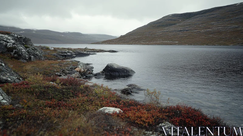 Calm Lake Amidst Rugged Rocky Hills AI Image