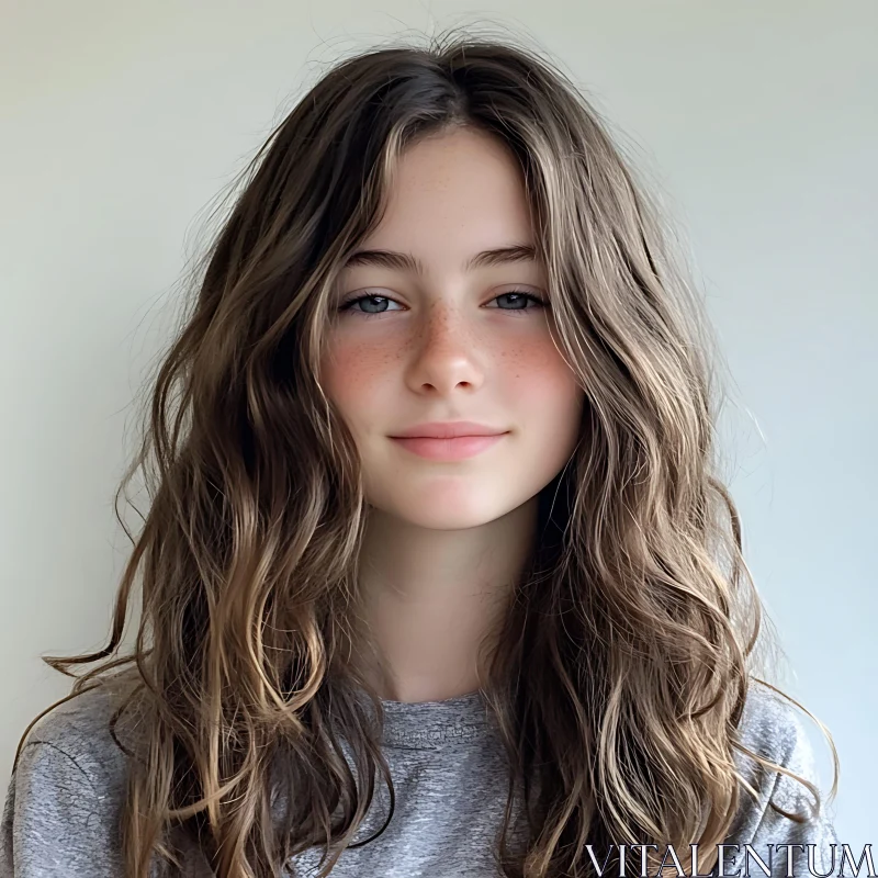 Youthful Female Portrait with Freckles AI Image