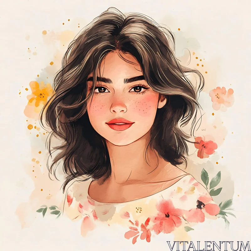 Portrait of Young Woman with Floral Background AI Image