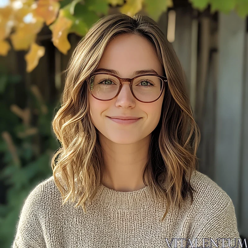 Portrait of a Woman with Glasses and Fall Leaves AI Image