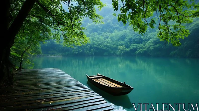 Peaceful Lake with Wooden Dock and Lush Greenery AI Image