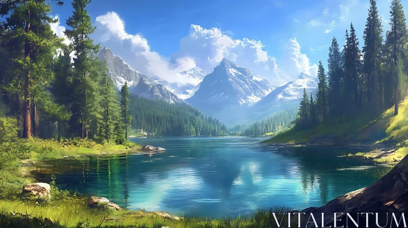 Tranquil Mountain Lake and Forest Scene AI Image