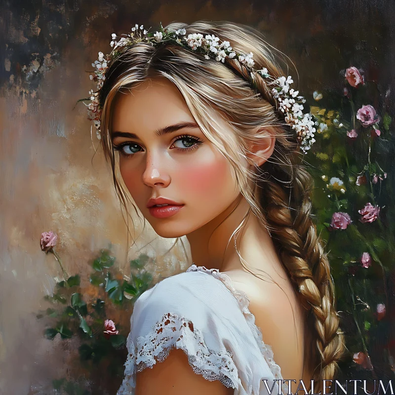 Young Woman with Floral Crown in Dreamlike Setting AI Image