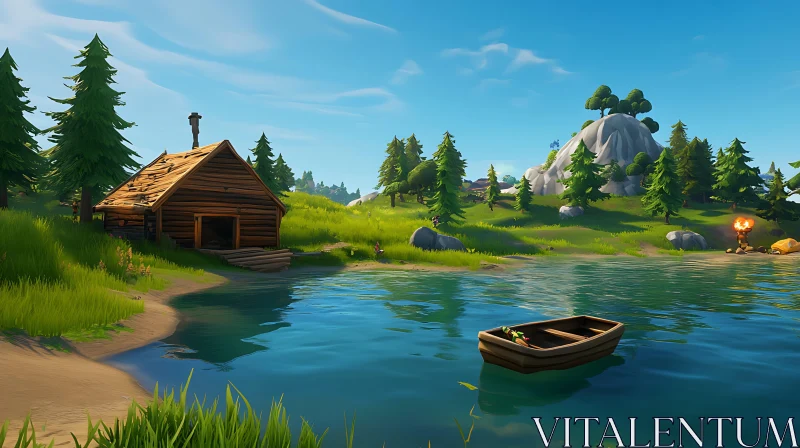 Tranquil Lakeside Cabin and Boat Scene AI Image